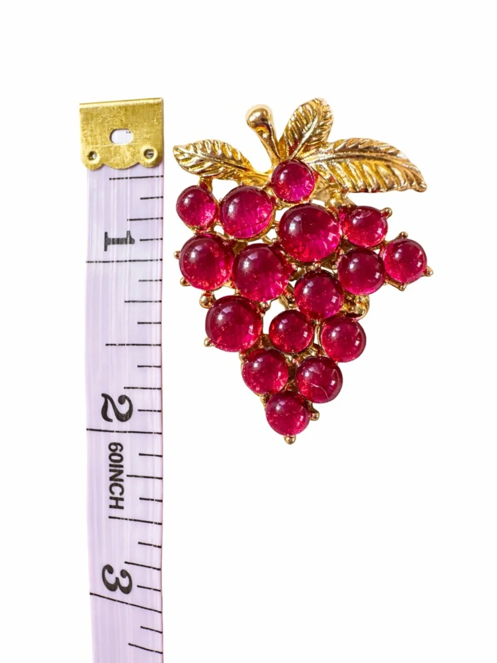 Vintage Style Re Pink Glass Grape Cluster Brooch‎ Gold Tone Leaf Pin